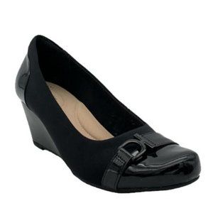 Clarks Collection Leather Wedge Pumps Flores Poppy Black Patent, sz 6.5